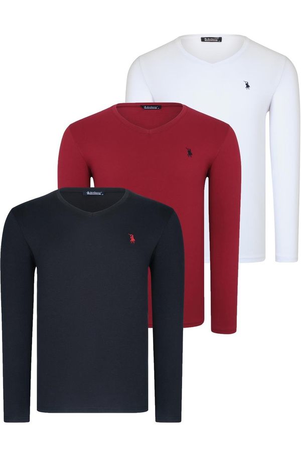 dewberry TRIPLE SET T8587 DEWBERRY V-NECK MEN'S SWEATSHIRT-BLACK-WHITE-BURGUNDY