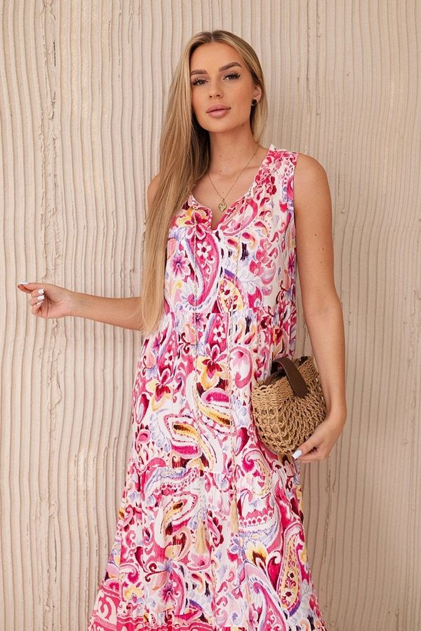 Kesi Viscose dress with a floral motif and a tied fuchsia neckline
