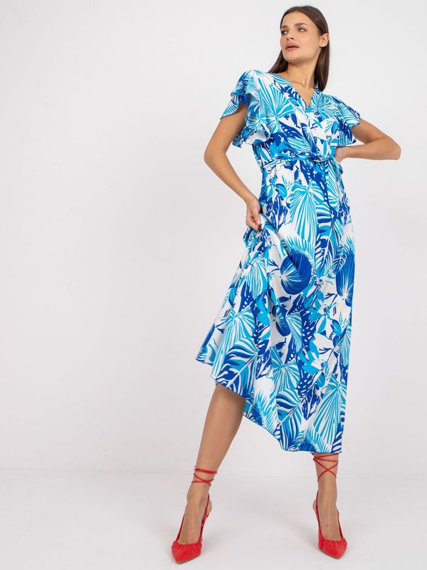 Fashionhunters White and blue dress with prints and clutch neckline