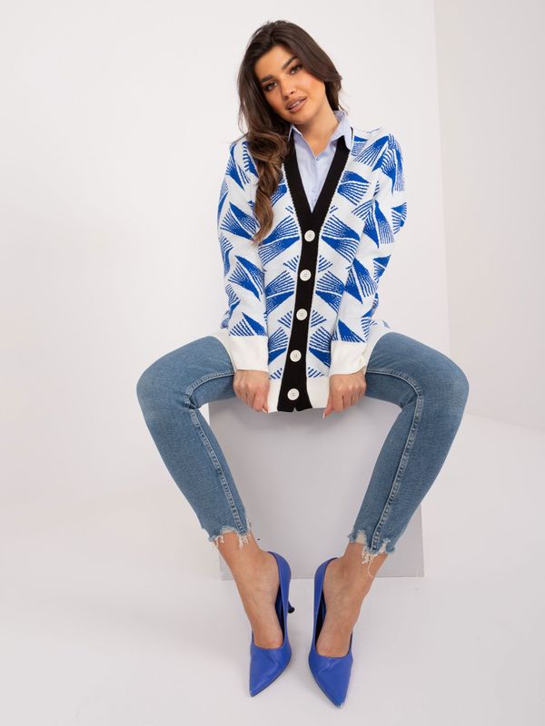 Fashionhunters White and cobalt blue cardigan with a neckline