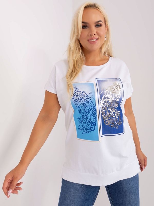 Fashionhunters White and dark blue blouse plus size with print