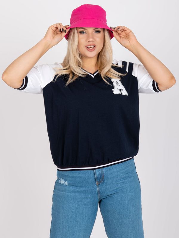Fashionhunters White and dark blue blouse plus size with short sleeves