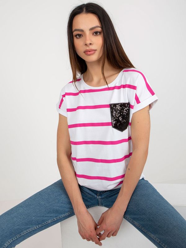 Fashionhunters White and fuchsia striped blouse with short sleeves