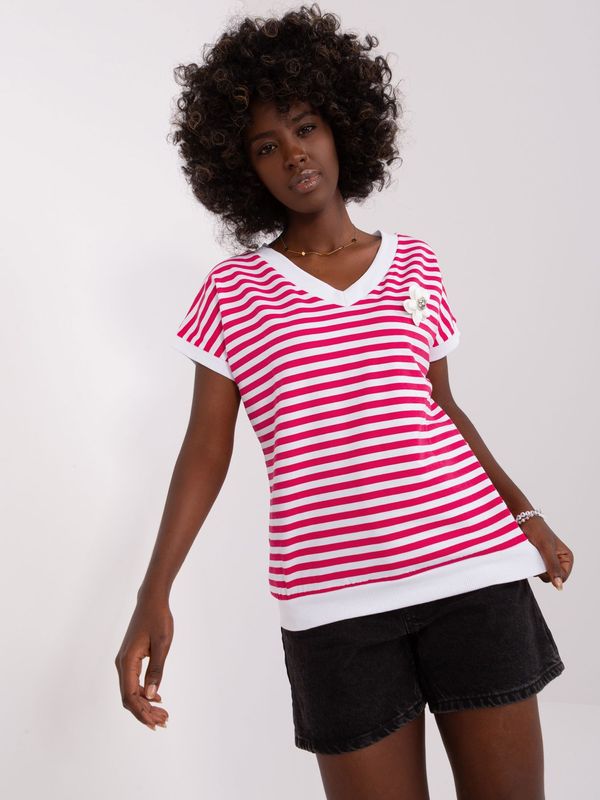 Fashionhunters White and fuchsia striped blouse with short sleeves