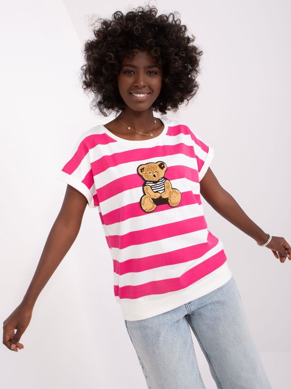 Fashionhunters White and fuchsia striped blouse with short sleeves