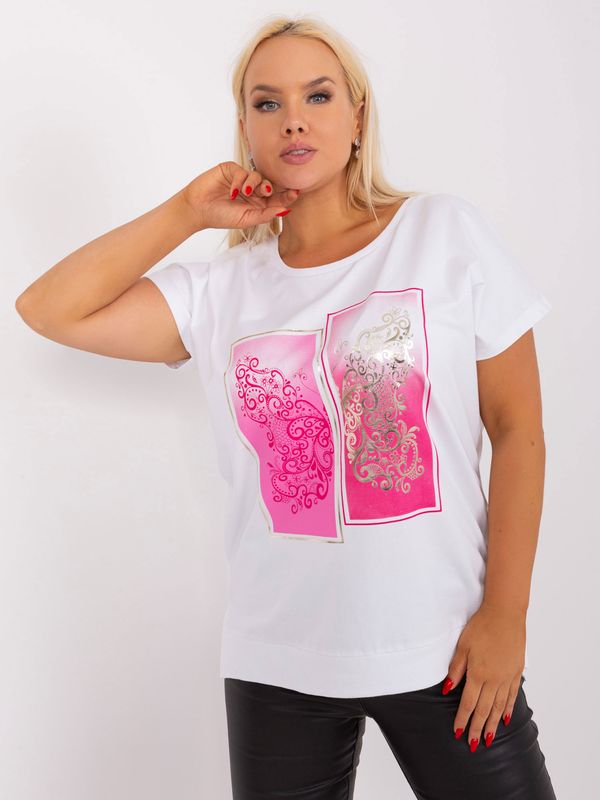 Fashionhunters White and pink blouse plus size with print