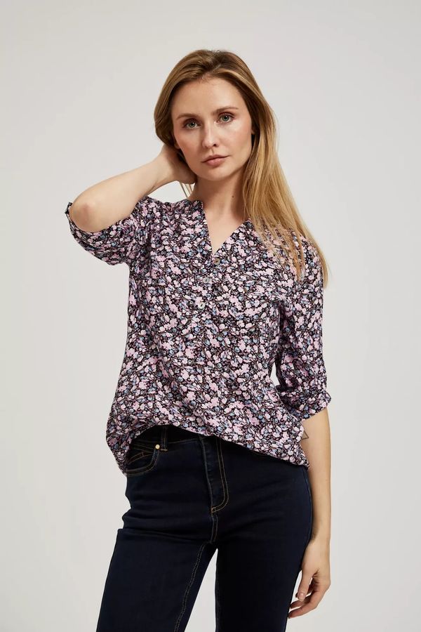 Moodo Women's blouse MOODO - navy blue, floral pattern