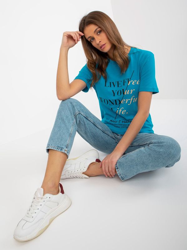 Fashionhunters Women's blue cotton T-shirt with inscriptions