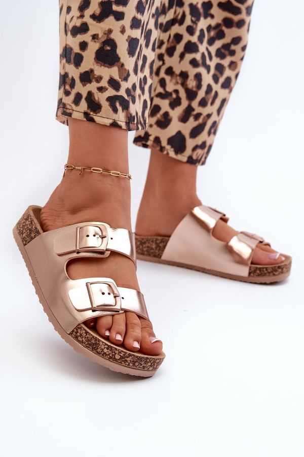 Kesi Women's cork platform slippers with buckles, rose gold, Klinesta