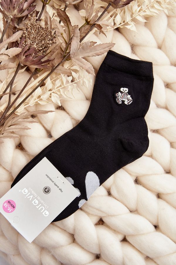 Kesi Women's cotton socks with teddy bear appliqué, black