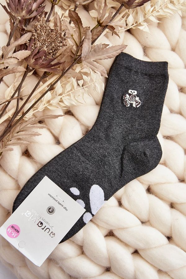 Kesi Women's cotton socks with teddy bear applique, dark grey