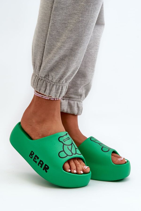 Kesi Women's foam slippers with a solid sole with a teddy bear, green Lamira