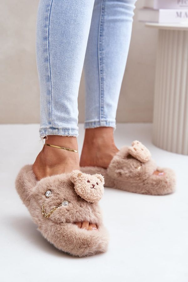 PS1 Women's Furry Slippers With Teddy Bear And Decorative Elements Beige Innalise