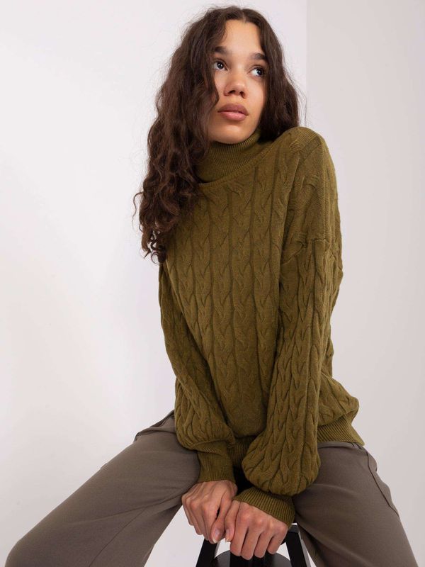 Fashionhunters Women's khaki turtleneck sweater with cuffs