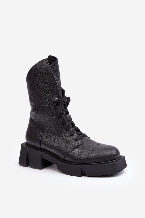 Kesi Women's leather ankle boots with massive flat heel Zazoo black