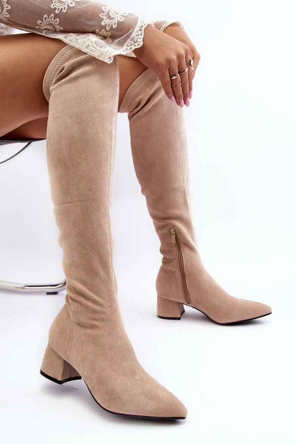 Kesi Women's over-the-knee boots with low heels, light beige Maidna