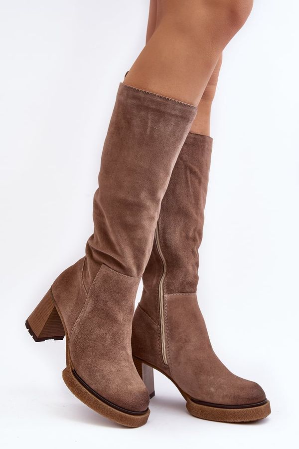Kesi Women's suede boots with high heels above the knee, brown Lemar Ceraxa