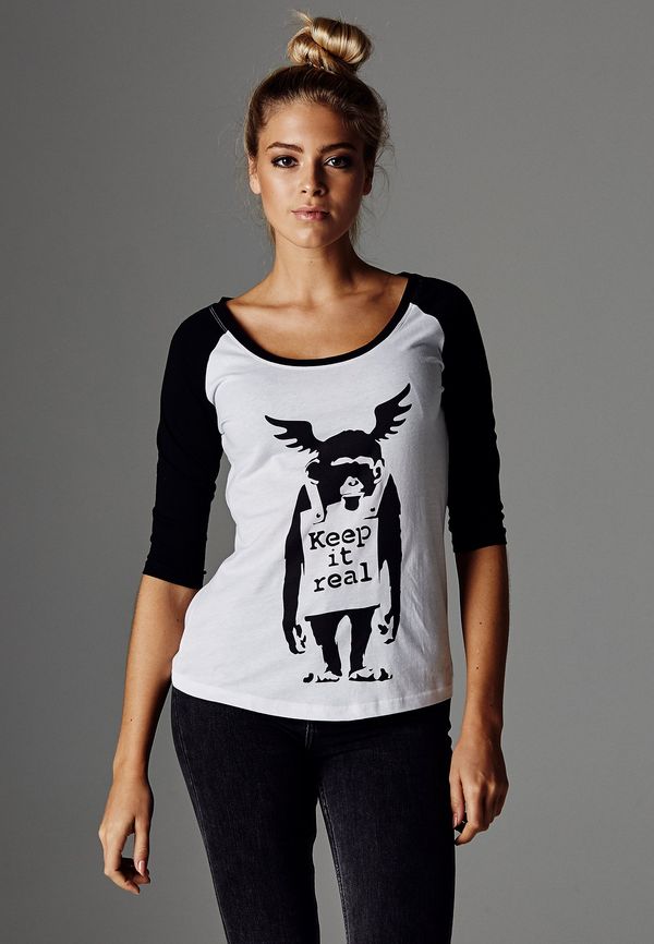 Merchcode Ladies Women's T-shirt Banksy ́s Graffiti Ape Raglan Wht/blk