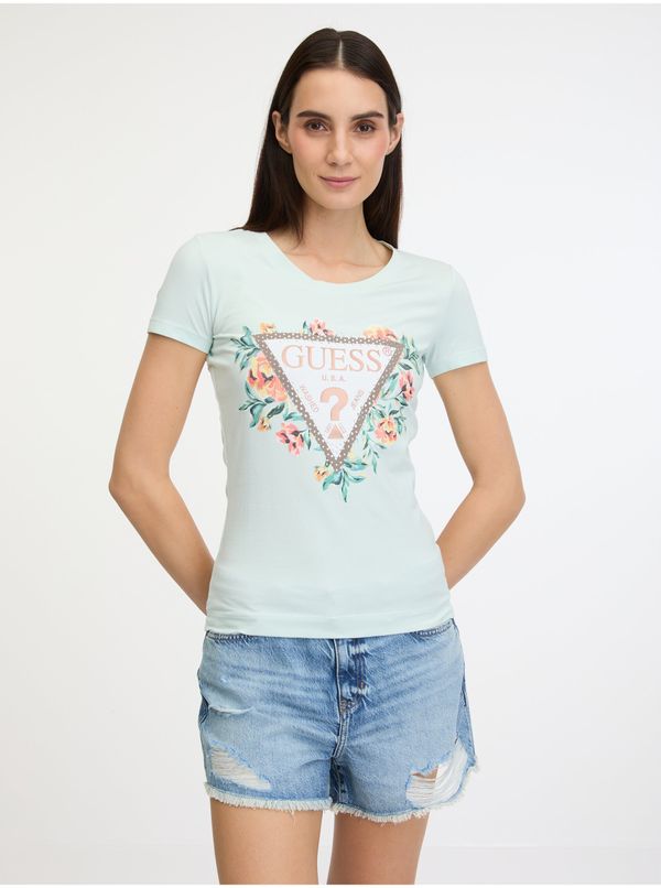 Guess Women's T-shirt in mint color Guess Triangle Flowers - Women