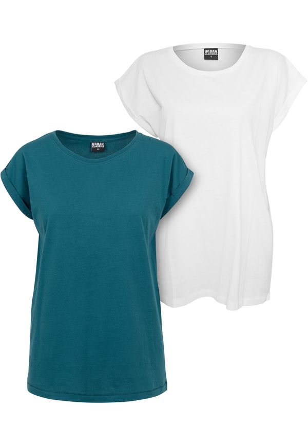 Urban Classics Women's T-shirt with extended shoulder 2-pack blue-green+white