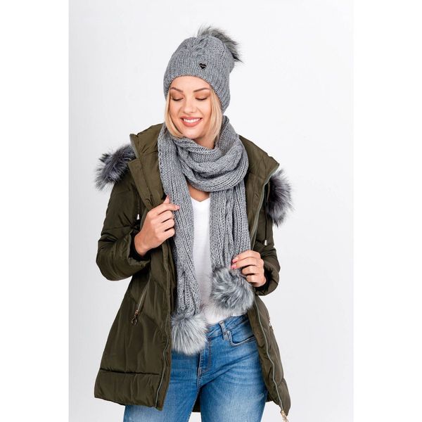 Kesi Women's winter set beanie + scarf with pompons - gray,