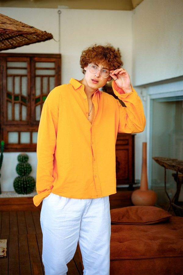 XHAN XHAN Orange Crinkle Fabric Shirt 3hxe2-46973-11