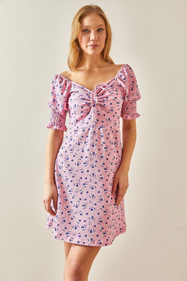 XHAN XHAN Pink Floral Pattern Gimped Sleeve Dress