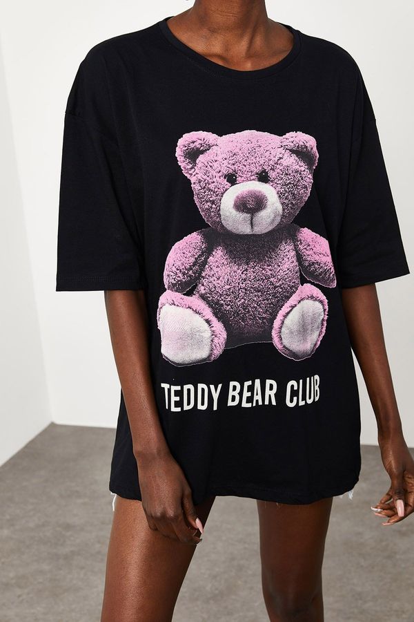 XHAN XHAN Women's Black Teddy Bear Printed Loose T-Shirt