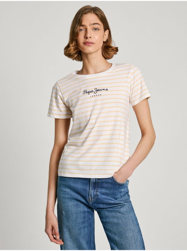 Pepe Jeans Yellow and White Women's Striped Pepe Jeans T-Shirt - Women