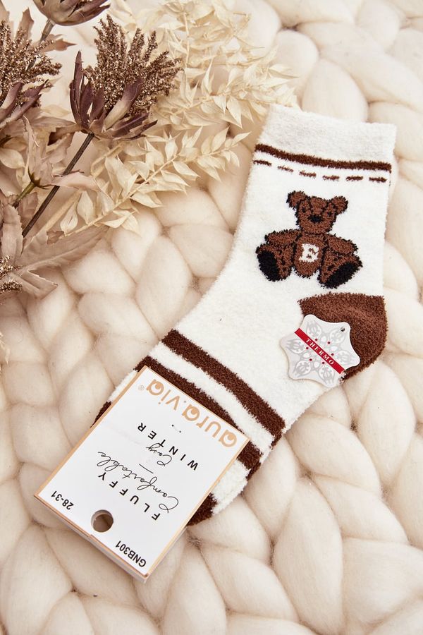 Kesi Youth warm socks with teddy bear, white and brown