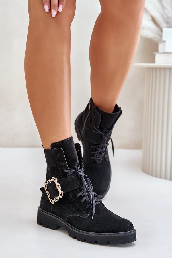 Zazoo Zazoo 2951 Suede Ankle Boots With Decorative Buckle Black