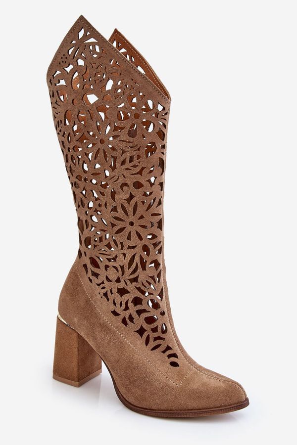 Zazoo Zazoo 3234 Suede Openwork Boots Dark Beige