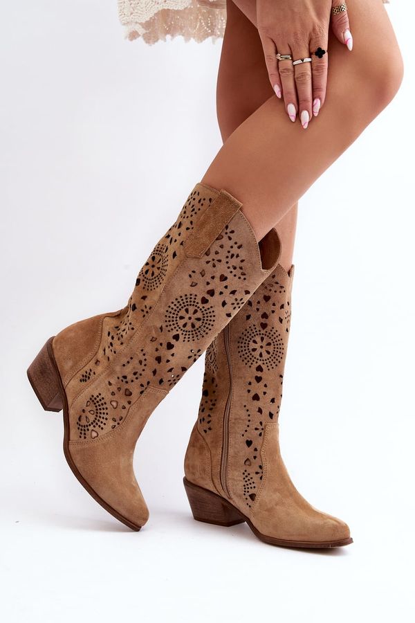 Lewski Shoes Zazoo 3396 Suede Cutout Mid-Calf Boots Beige