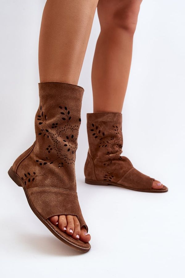 Lewski Shoes Zazoo 3437 Women's Suede Sandals With Shaft Zipper Brown