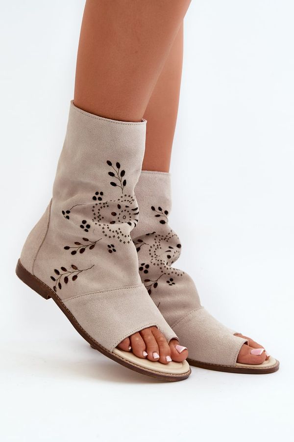 Lewski Shoes Zazoo 3437 Women's Suede Sandals With Zipper Shaft Beige