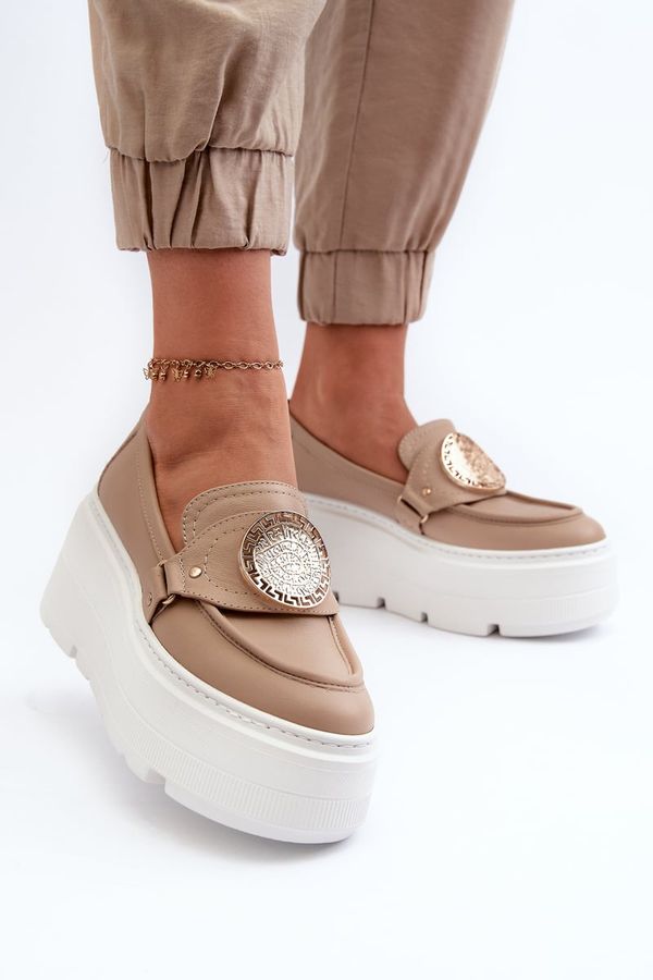 Zazoo Zazoo 3458 Women's Leather Loafers With Ornament Beige