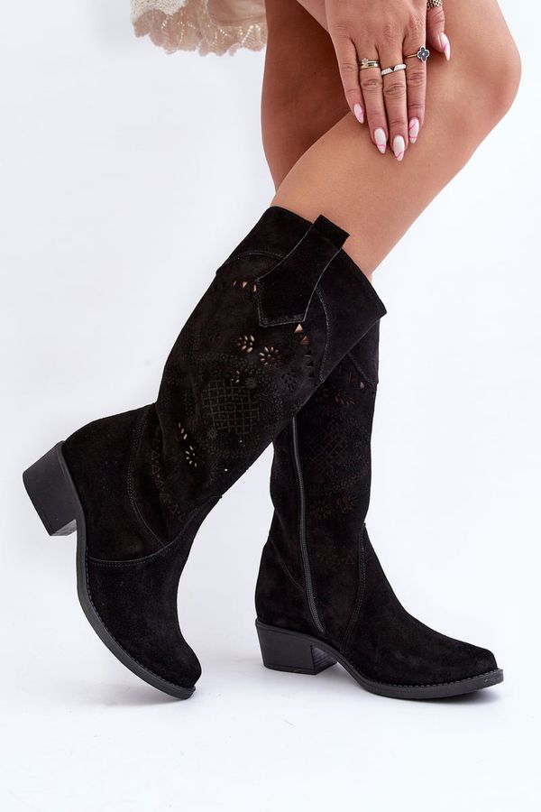 Zazoo Zazoo 4043 Suede Low Heel Cutout Boots Black